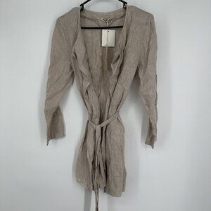 Alessia‎ Pacini Women's Tan Pure Linen Tie Closure Roll Tab sleeve Size Small